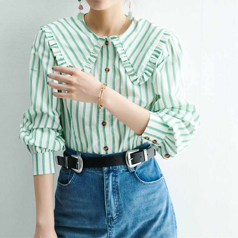 

2021 New Retro Peter Pan Colarinho Blusa Feminina Algodo Primavera Vero Listras De Manga Longa Das Senhoras Camisas Femininas e Topos Xcm9, Black