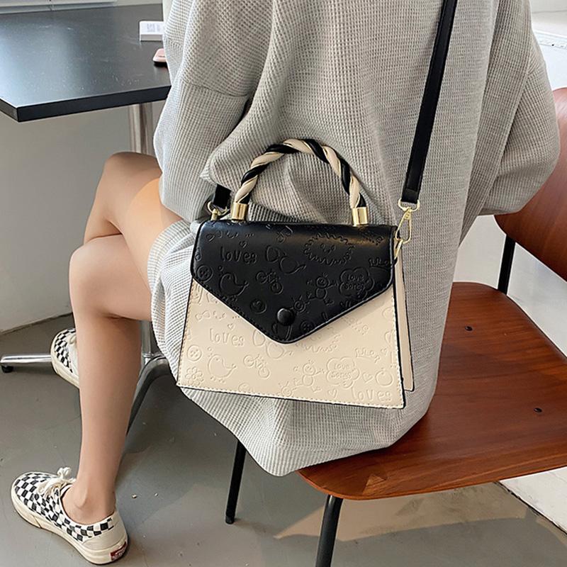 

Cross Body Small Square Shoulder Bags For Women Panelled Crossbody Ladies Cute Printted Messenger Bag Simple Wild Top-handle Handbags, Black