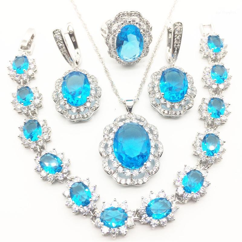 

Earrings & Necklace 925 Sterling Silver Jewelry Sea-Blue CZ White Zircon Sets Women Earring/Pendant/Necklace/Rings/Bracelet