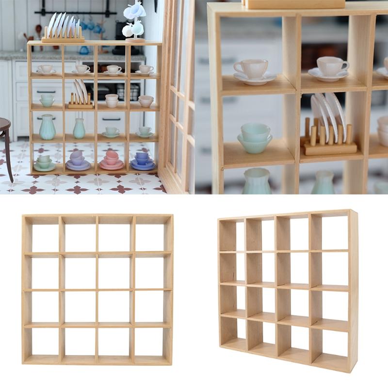 

Hooks & Rails Miniature Wooden Storage Rack 16 Grid 1: 12 Dollhouse Shelves Display Wall Bookshelf Doll House Decor Furniture