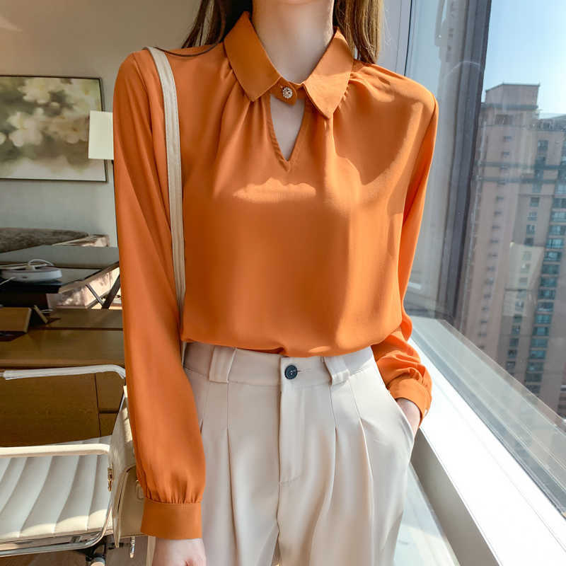 

Korean Women Shirt Chiffon Blouses Long Sleeve Shirts Tops Woman Beading Blouse Top Plus Size Hollow Out 210604, Orange