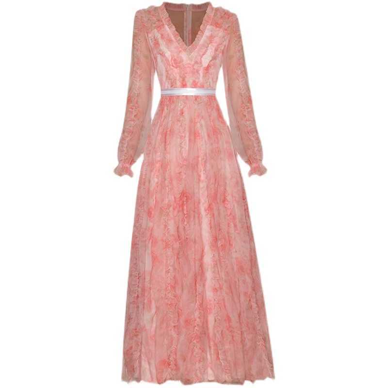 

HIGH QUALITY est Designer Runway Fashion Women's Long Sleeve Floral Printed Ruffles Gauze Dress 210526, Light blue