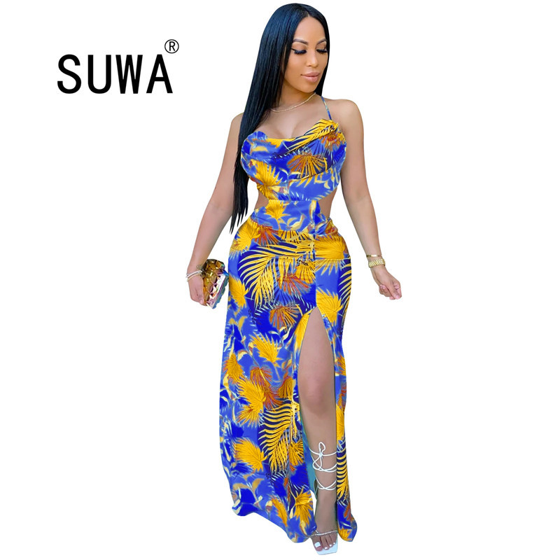 

Women Leaf Print Halter Neck Open Back High Split Maxi Dress Sexy Party Club Bandage Floor Length Long Dresses Vestidos Elegant 210525, Red