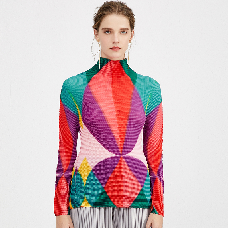 

2021 New the Latest Creative Color Graphic Print Shirt Women Spring Stretch Japanese Pleated Turtleneck Top T-shirt Long Sleeve 5206 6hq1, Photo color2