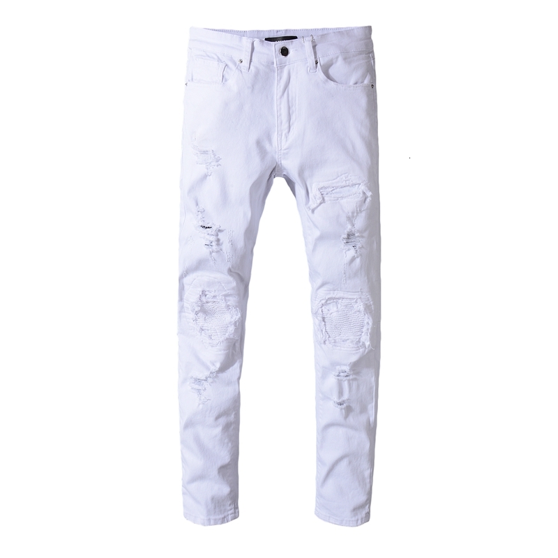 

2021 New Male Trousers Casual Street Fashion Men's White Jeans Youth Personality Hole Patch Beggar Slim Denim Pants Ydh3