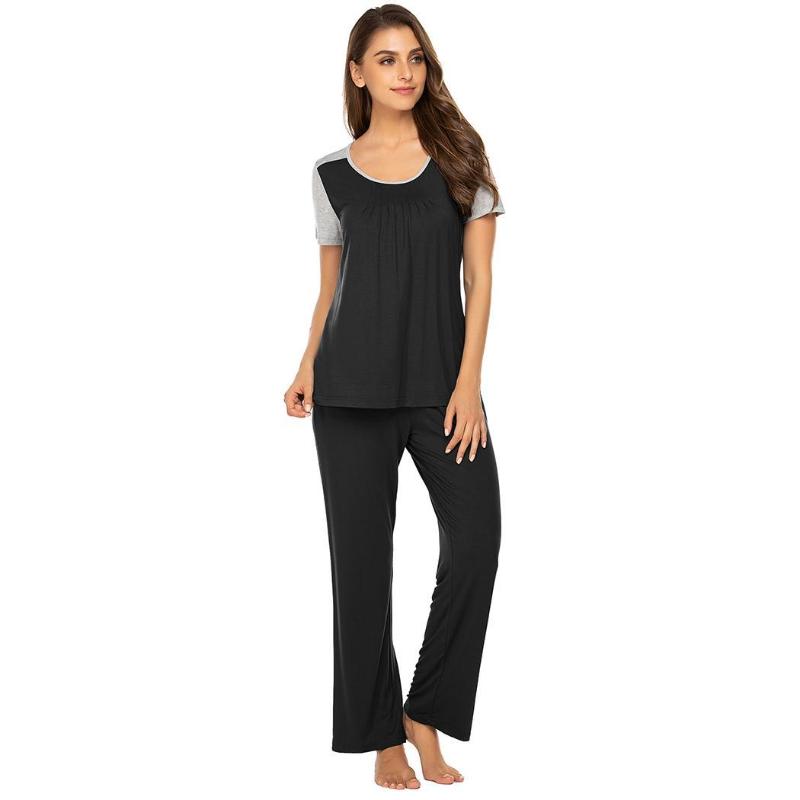 

Women Nightwear O-Neck Short Sleeve Patchwork Pajamas Set