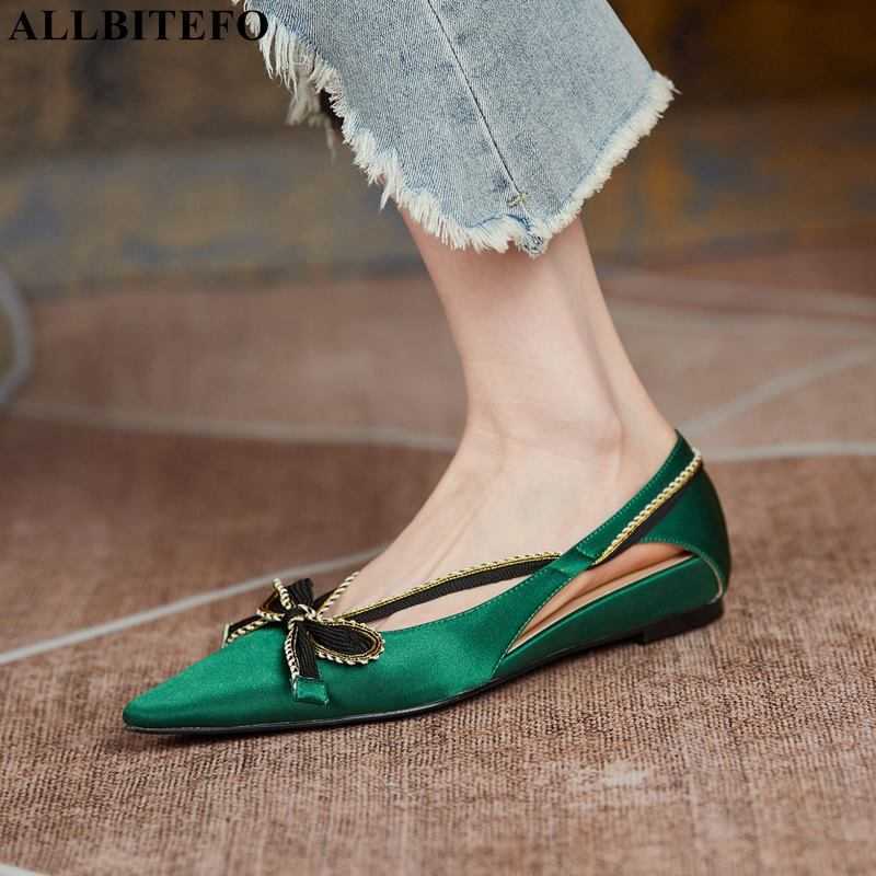 

ALLBITEFO Bow Design Wedges Heel Sheepskin Insole High Heels Pointed Toe Fashion Leisure Women Heels Shoes High Heel Shoes 210611, As picture