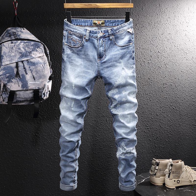 

Men's Jeans Street Style Fashion Men Retro Light Blue Casual Slim Ripped Vintage Printed Designer Hip Hop Denim Punk Pants