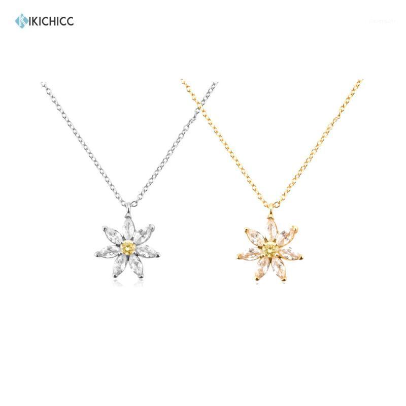 

Sterling Silver Gold Chrysanthemum Flower Charm Pendant Long Chain Necklace Women Luxury Crystal Jewelry Gift Chains