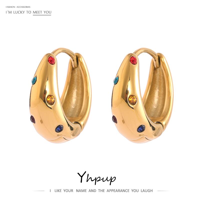 

Hoop & Huggie Yhpup Colorful Cubic Zirconia Round Earrings Stainless Steel Jewelry 2022 Trendy Metal Gold Unusual For Women, Golden;silver