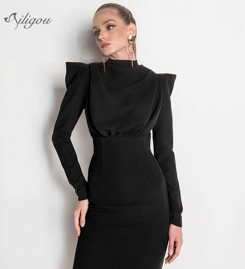 

High Quality Black Fashion Long Sleeve Backless Bodycon Dress Elegant Cocktail Party Vestidos 210527