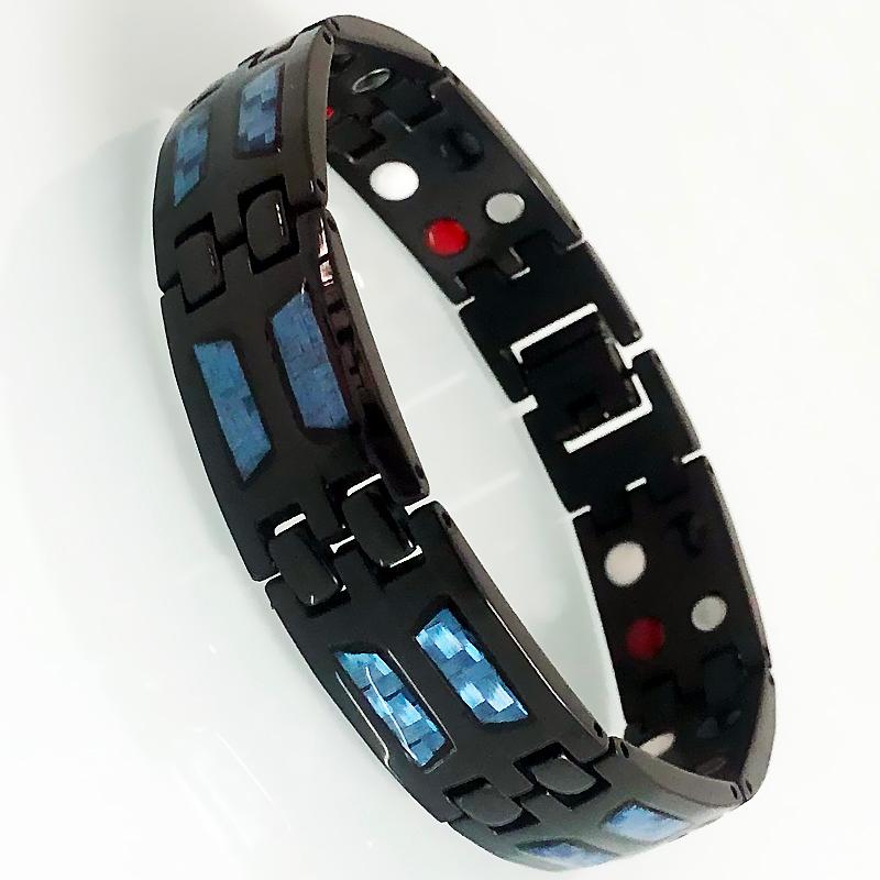 

Link, Chain Men's Black Stainless Steel Bracelets Blue Carbon Fiber Double Row Health Care 4 In 1 Magnetic Wristband Homme Armband Jewelry