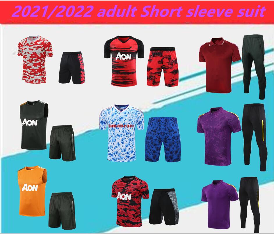 

2021/22 Manchester training suit men RASHFORD Football Jerseys, polo shirt POGBA United short sleeve Shorts Set, Blue