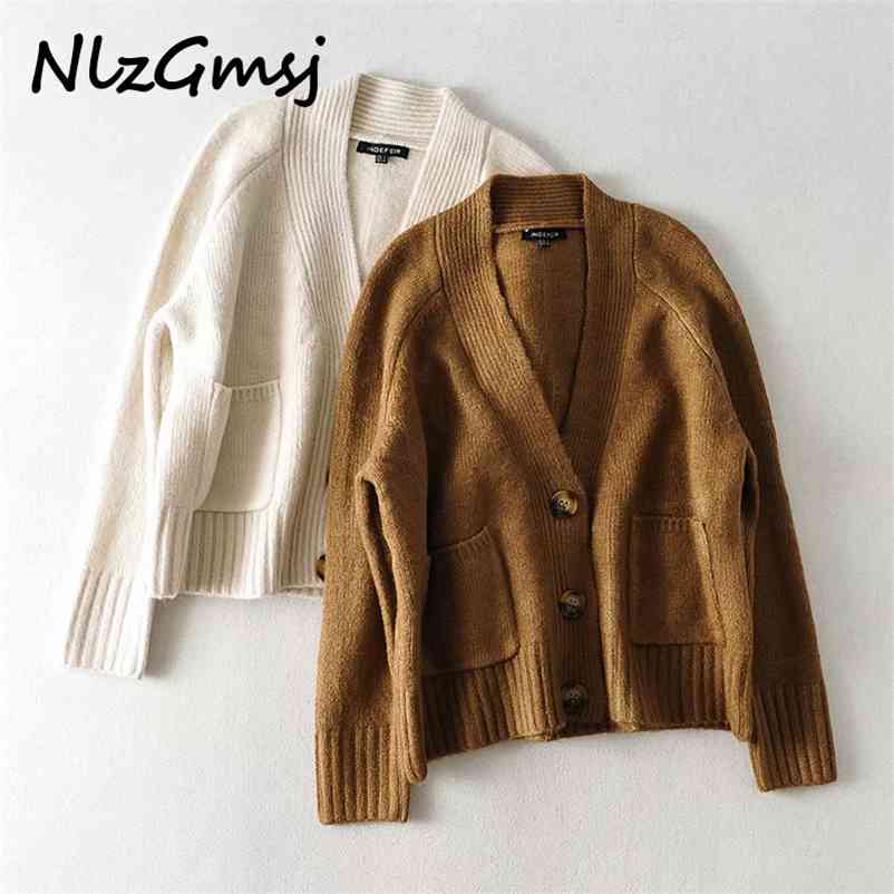 

Casual V Neck Cardigan Sweater Fashion Pockets Sweater Elegant Single Breasted Female Ladies 210628, White