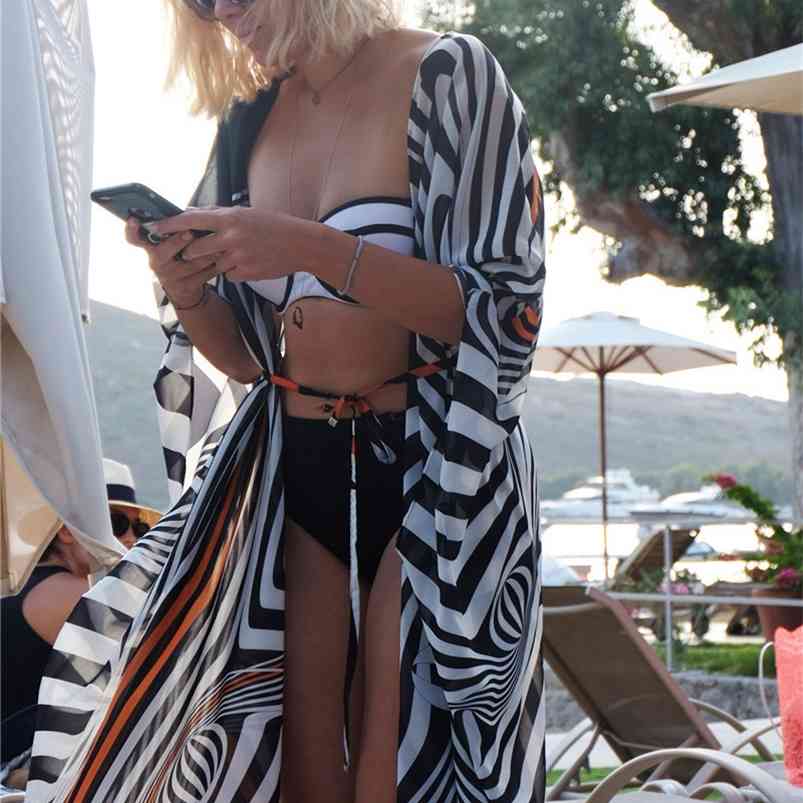 

Bohemian Printed Bikini Cover Ups Elegant Self Belted Kimono Dress Tunic Women Plus Size Beach Wear Swim Suit Up 210629