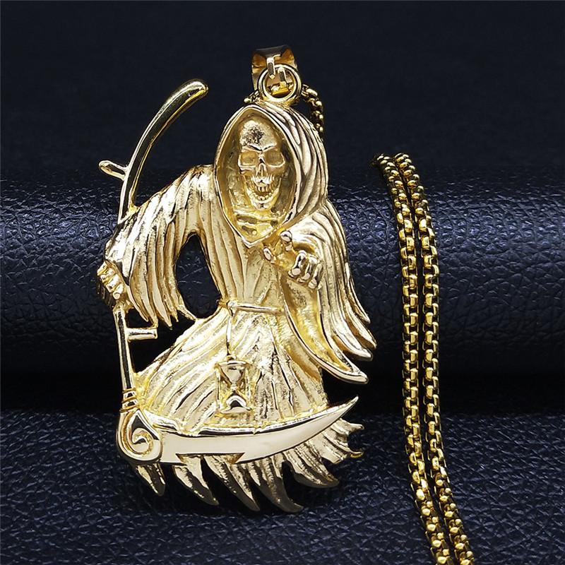 

Pendant Necklaces 2021 Grim Reaper Stainless Steel Long Chain For Men Gold Color Statement Necklace Jewelry Collier Homme NZZ90S03