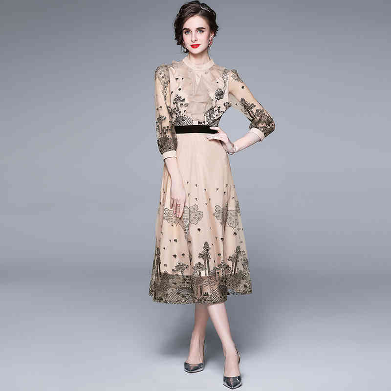 

Women Summer Designer Elegant Embroidery Mesh Dress Sexy Wedding Cocktail Party Robe Ladies Vintage Ruffles Dresses Vestidos 210525, Apricot
