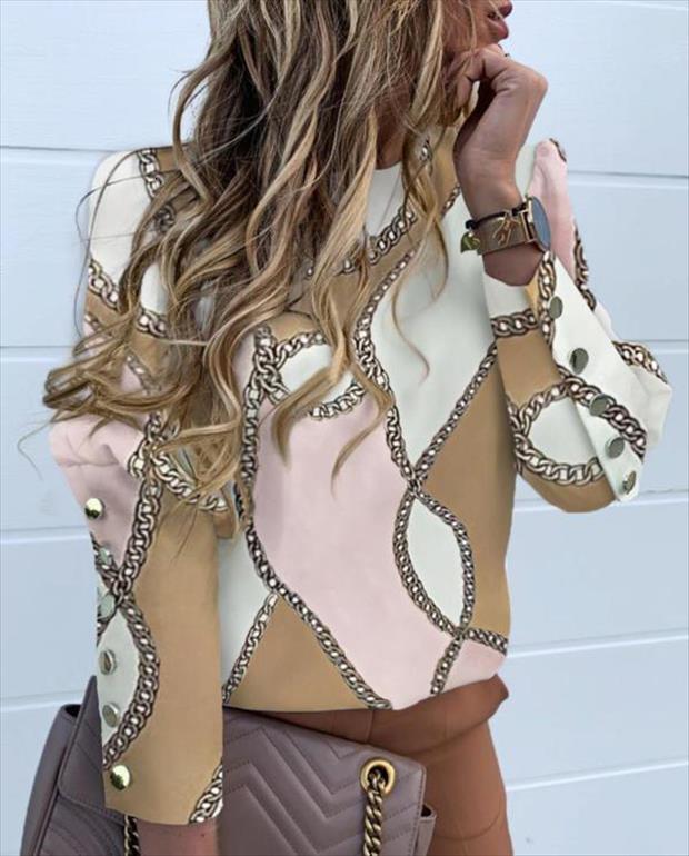 

elegant metal buttoned sleeve print womens blouses long autumn o neck puff shoulder vintage office lady, White