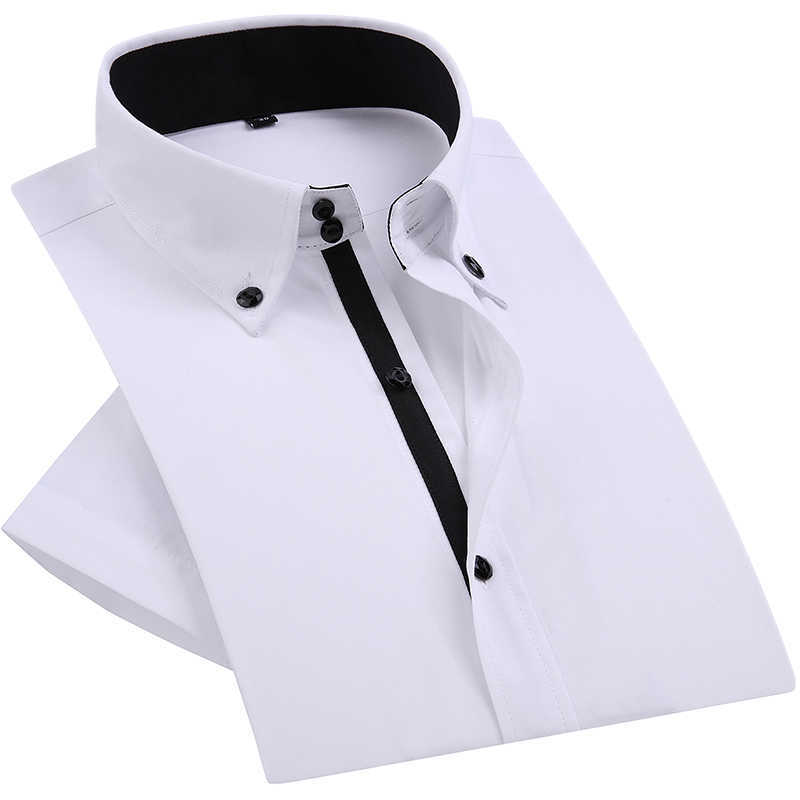 

Summer Mens Dress Shirt Diamond Buttons Casual White Short Sleeve Luxury High Collar Slim Fit Stylish Business 210628, 8013