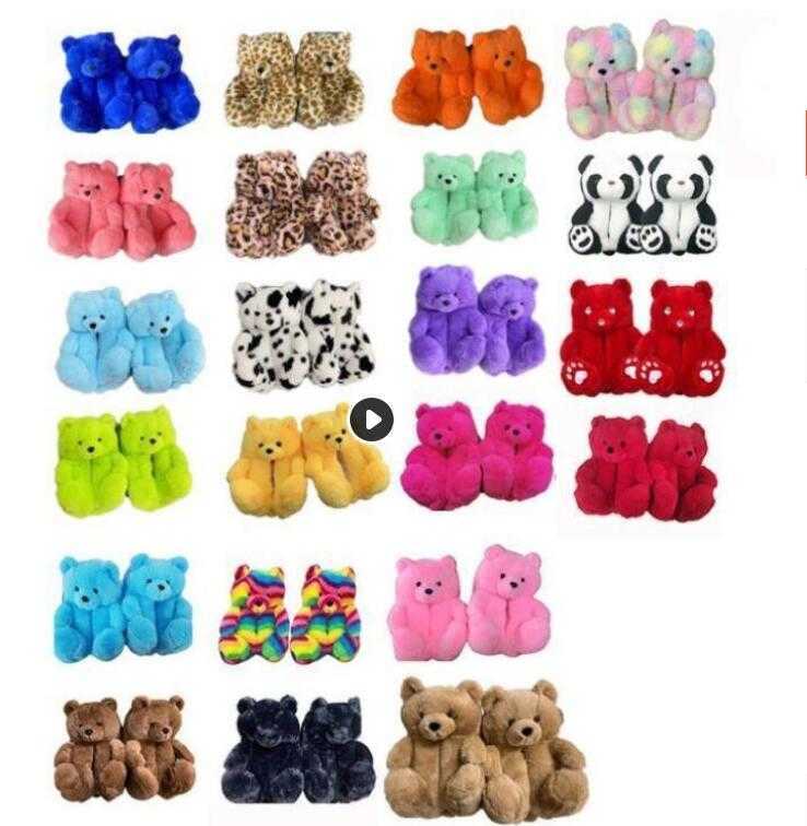 

1 pair =2 pieces 19 Styles Plush Teddy Bear House Slippers Brown Women Home Indoor Soft Faux Fur Cute Fluffy Pink Slippers Y0823, Red