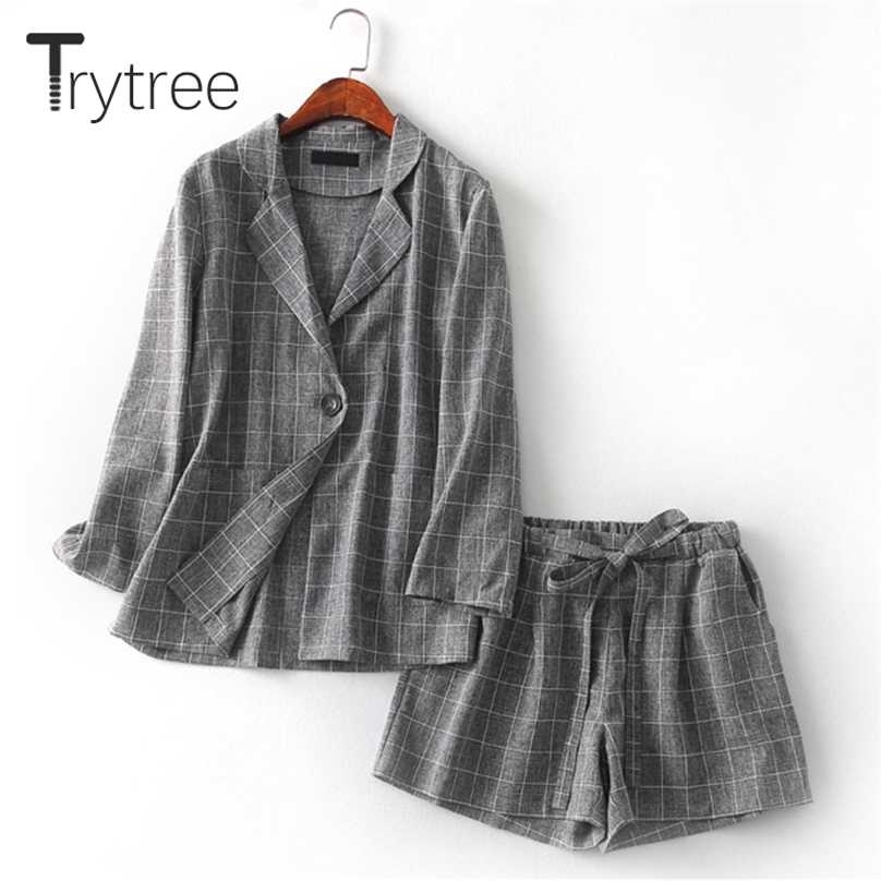 

Trytree Spring Summer Women two piece set Office tops + shorts plaid Top Female Suit Set Casual Women's 2 Piece plus size 211106, Grey
