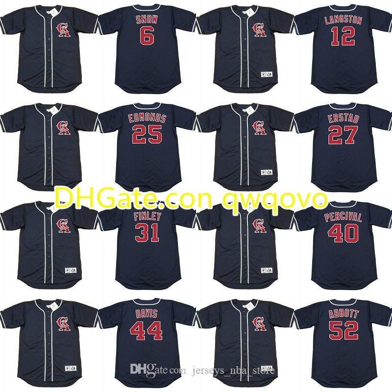 

California Angels 44 CHILI DAVIS 27 DARIN ERSTAD 31 CHUCK FINLEY 40 TROY PERCIVAL 12 MARK LANGSTON JIM ABBOTT 6 J.T. SNOW baseball jersey, Blue;black