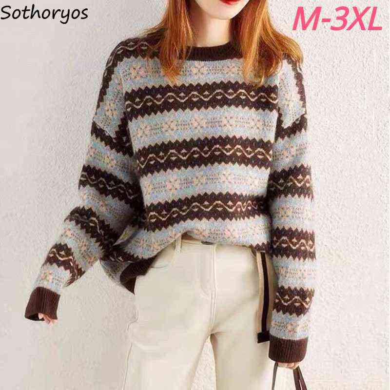 

Pullovers Women O-neck Jacquard Sweater Striped Print Vintage Baggy Knit Jumpers Soft Oversize 3XL Winter Thicken Warm Jumpers Y1110, Brown
