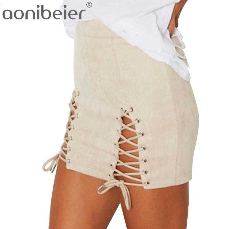

Sexy High Waist Bandage Mini Skirt With Two Side Vents Spring Autumn Fashion Faux Suede Casual Short Skirts Lace Up 210604, Beige