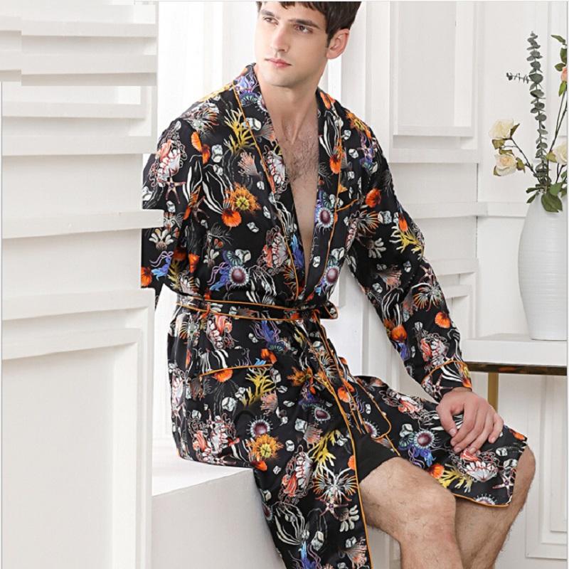 

Men's Sleepwear Silk Robe Men Sexy Clothes Man Bathrobes Stain Floral Print Long Sleeve Homewear Bathrobe Night Sleep Wear, Black
