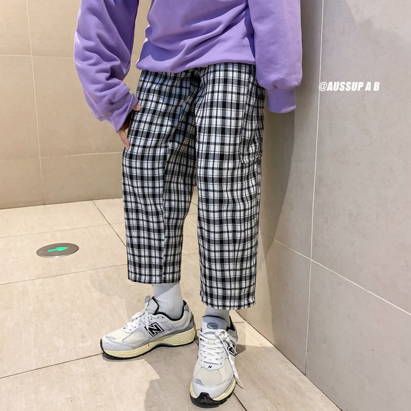 

2021 New Spring Summer Plaid Men's Fashion Retro Casual Men Streetwear Korean Loose Straight Wide Leg Pants Mens Trousers Bqdz, White lattice