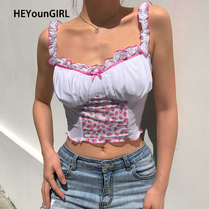 

HEYounGIRL Y2K Sexy Milkmaid Top Women Patchwork Mesh Sleeveless Crop  Tees Ladies Printed Frill Backless Cami Ruched 210608, White