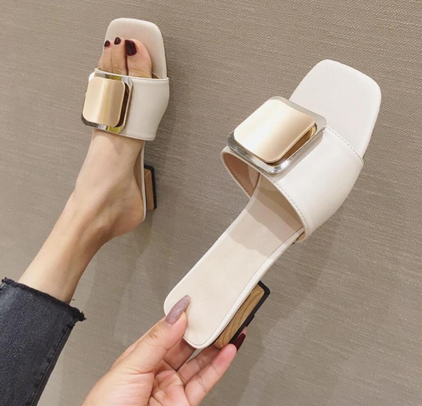 

Luxury Designer Elegant Slippers Women Shoes Square Buckle Womens Slippers Open-Toed PU Ladies Summer Slides Heel Mules Sandals, Black