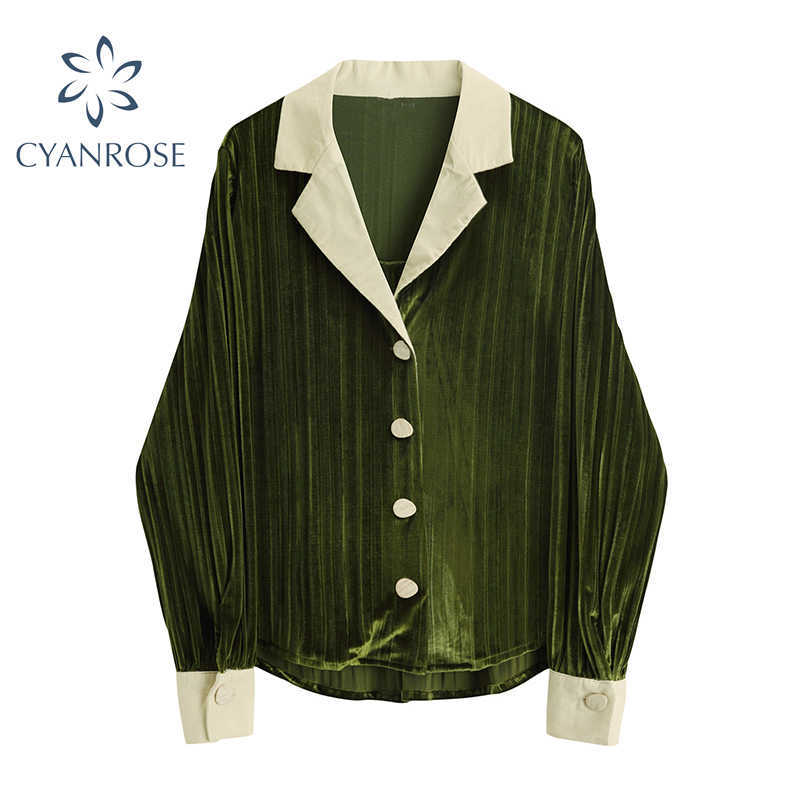 

Vintage French Shirt Women Long Sleeve Lapel Printed Loose Office Lady Tops Spring Autumn Casual Elegant Blouse Female 210721, Green