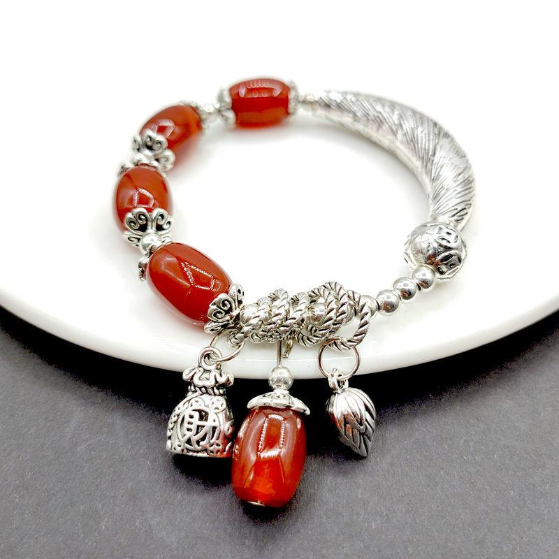 

Bangle Retro Chinese Style Agate Bracelet Elbow Silver Plated Gook Luck