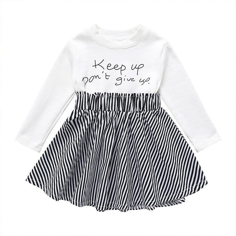 

2021 New Fashion Toddler Girl Spring Autumn Kids Clothes Girls Outfits Cotton Long Sleeve Tops+stripe Skirt Children Clothing Eblo, Black