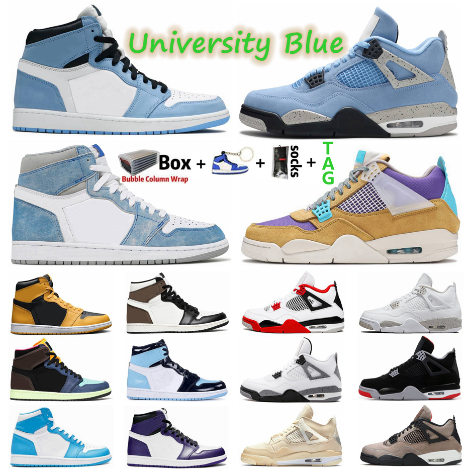 

Mens University Blue 1s Jumpman 1 Basketball Shoes Black Cat 4 4s Sail Bred What The Guava Ice Hype Royal Pine Green Obsidian UNC Sports Men Women Sneakers, 14
