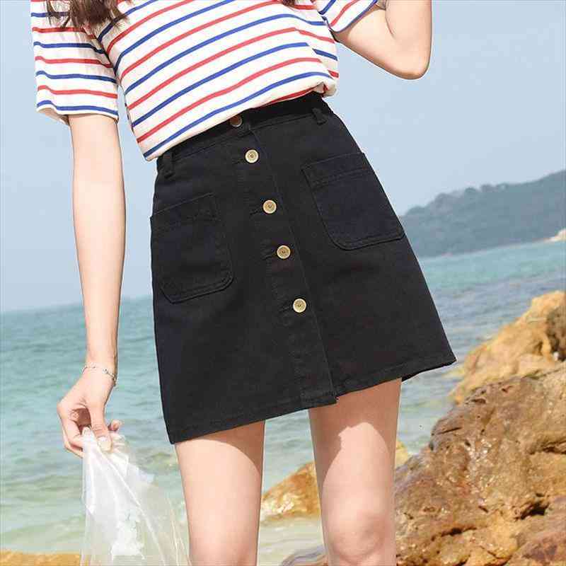 

ins fashion on summer womens skirt casual short mini denim jupe faldas femme korean button aline jean skirts, Black
