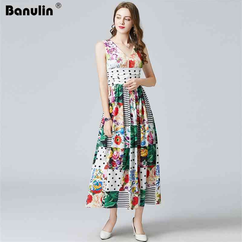 

Banulin Summer Fashion Designer Vacation Maxi Dress Women V-Neck Ruched Floral Print Spaghetti Strap Elegant Party 210603, The picture color