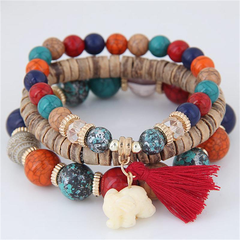 

Beaded, Strands Europe Trend Bohemia Simple Versatile Elephant Tassel Wood Beads Multi-layer Temperament Bracelet Women's Jewelry