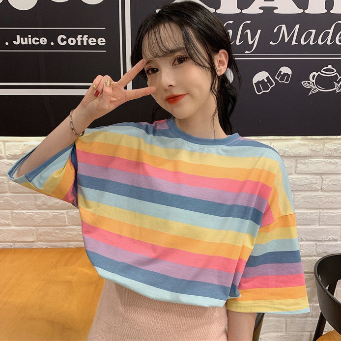 

2021 New Harajuku Raiow Striped Sleeve Short Women's T-shirt Will See Beautiful Tops Big Size Shirts Schoolgirl Street Clothes Lh97, Pink.