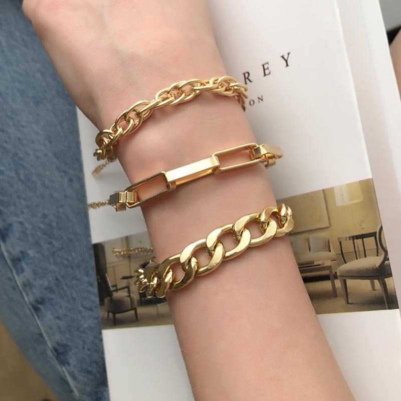 

Bangle Punk Cuban Chunky Thin Link Chain Bracelets Set For Women 2021 Simple Gold Buckle Geometric Bangles Hand Jewelry