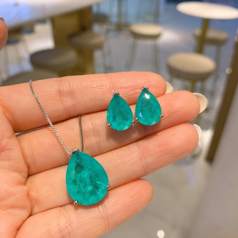

Earrings & Necklace 2022 Trend 925 Sterling Silver Crystal Wedding Water Droplets Jewelry Sets Emerald Tassel Pendant Gift Women
