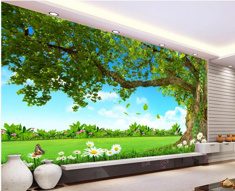 

3d stereoscopic wallpaper Blue sky green space big tree beautiful scenery wallpapers TV background wall decoration painting
