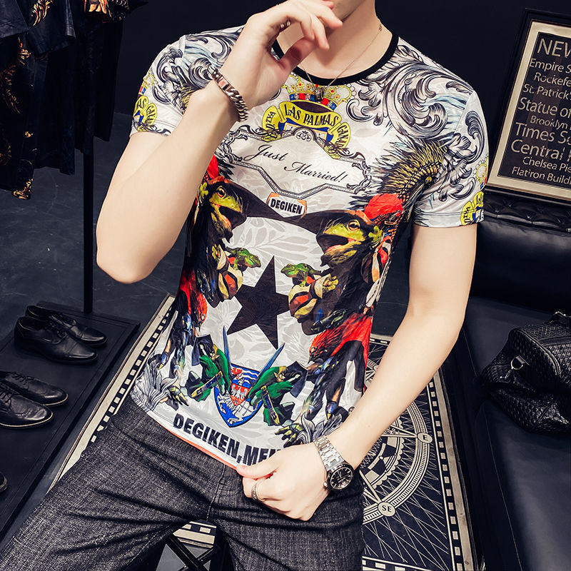 

2021 Korean Top Short Summer New Pattern Personality Printing t Camiseta Club Party Cloth Tee Shirt Homme Wm5t, Picture color