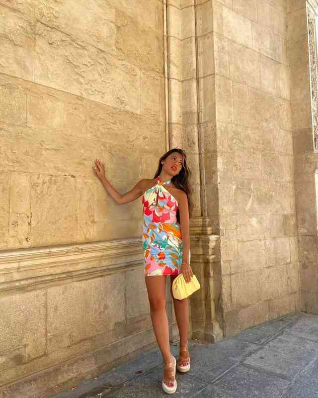 

Summer Women Print Backless Thin Slim Halter Mini Dress Female Streetwear Vintage Dresses Ladies Sleeveless Dress, Black;gray