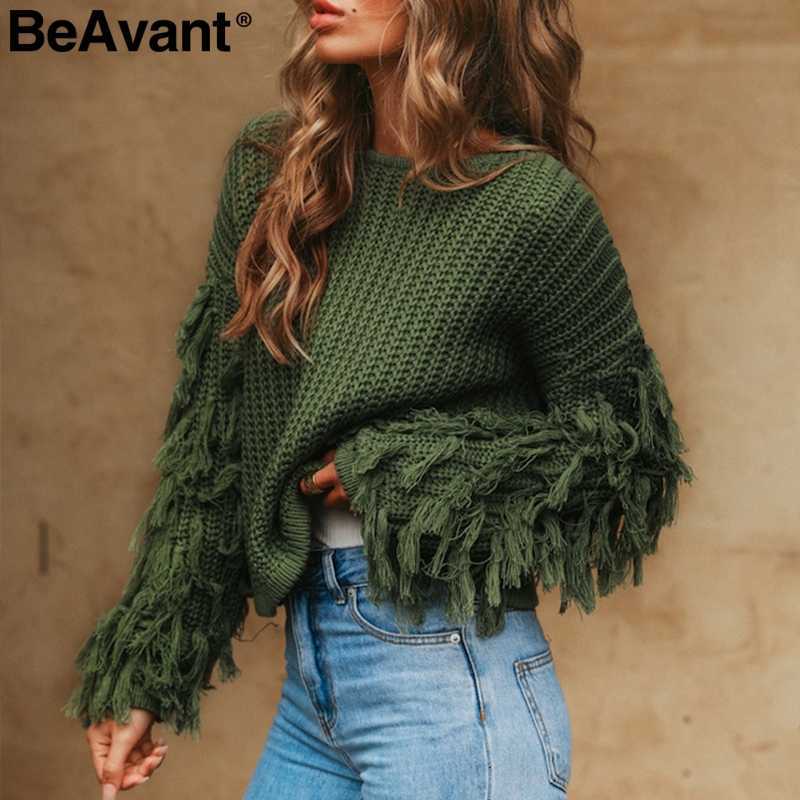 

BeAvant Tassel knitted sweater women pullover loose Casual army green winter sweater female O neck autumn jumper pull femme 210709
