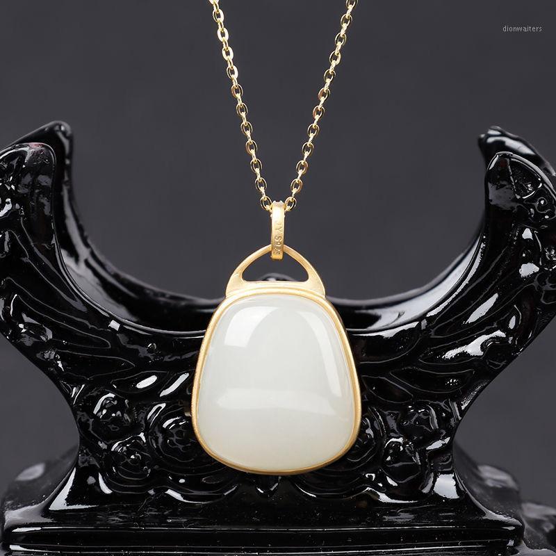 

Chains Silver Inlaid Natural Hetian Jade And Sheep Fat Chinese Style Retro Cold Wind Niche Design Charm Women's Pendant Necklace