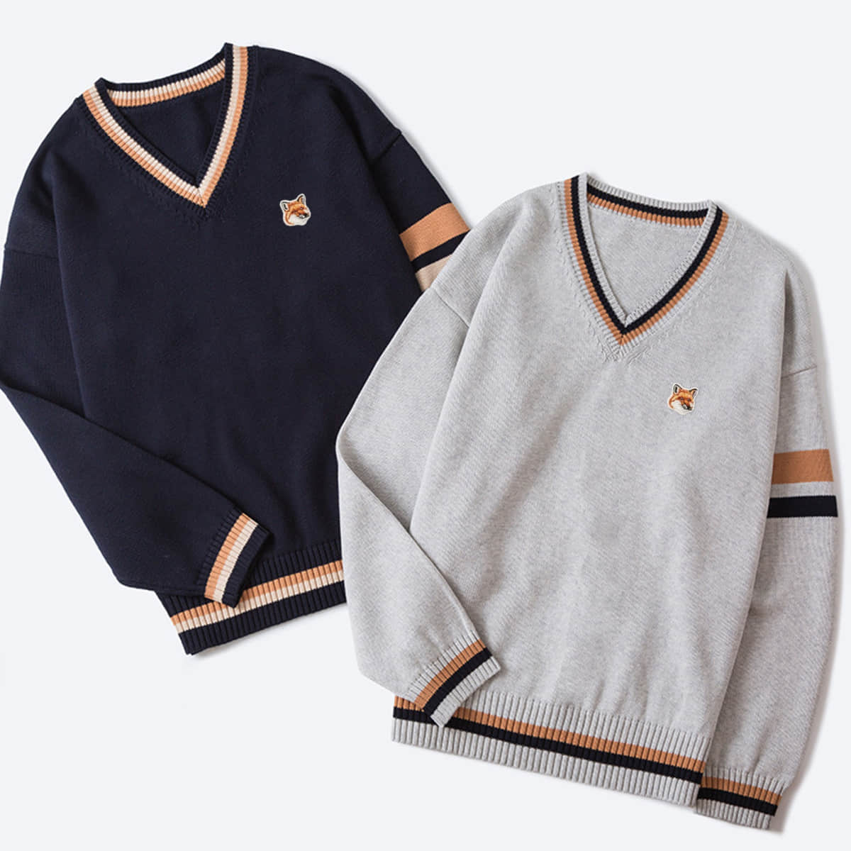 

Mens Sweater Fashion Brand Maison Fox Mascot Embroidery Logo Pullovers Street Fashion Male Sweater Knitted Pullover Knit Sweater, Gray
