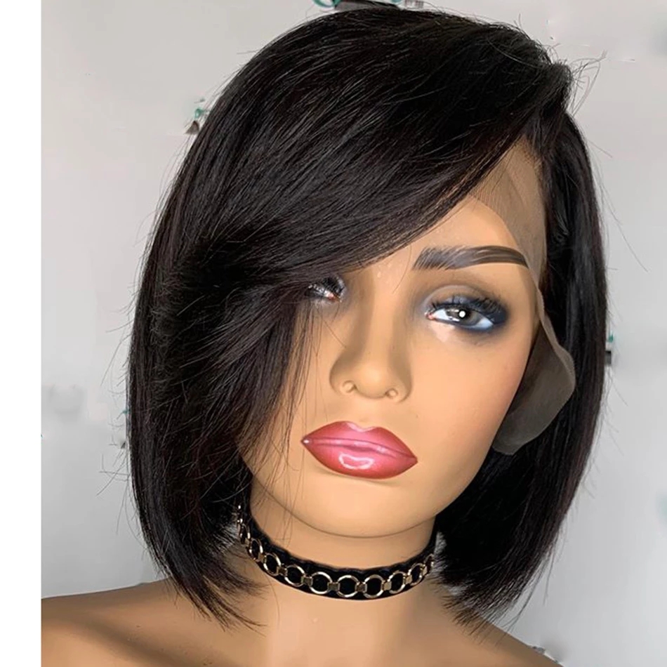 

Indian Straight Side Bangs 13x6 transparent Lace Front Human Hair Wigs Remy 360 Frontal silk top Full Laces Short Bob Fringe Wig Bleach Knots Natural Hairline, Natural color