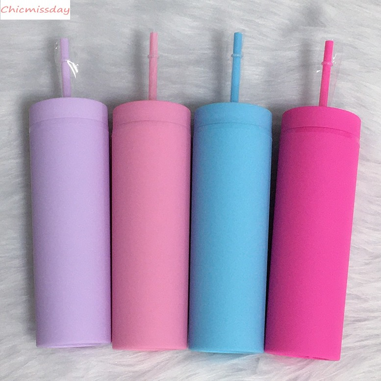 

Colorful 16oz Acrylic Macron Slim Tumbler With Lid Straw Double Walled Water Bottle Insulated For Christmas GIft